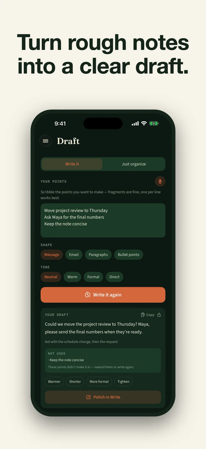 Draft mode turning supplied rough notes into a clear email while showing which source points were used