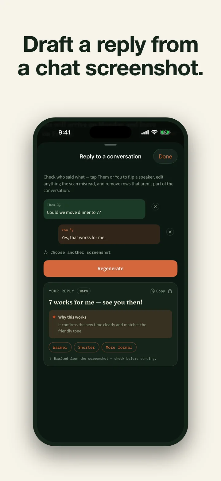 Reply mode drafting an English response from a confirmed conversation screenshot transcript