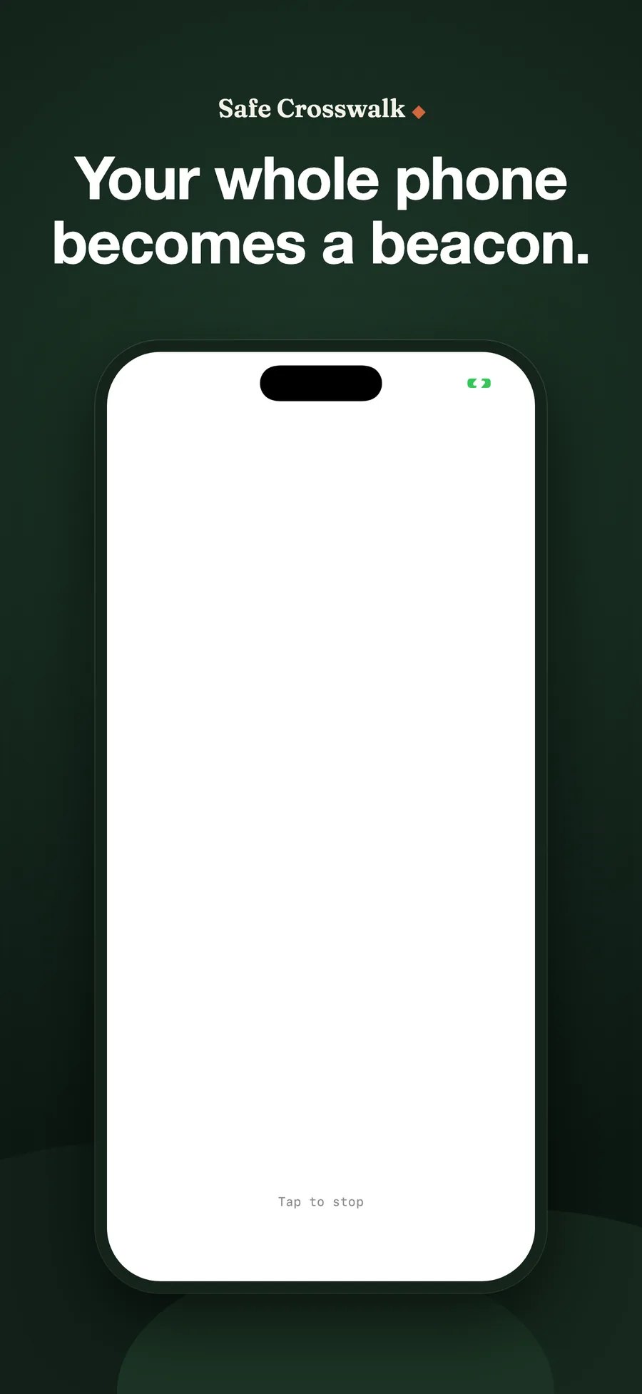 The alert running: the entire phone screen is white at full brightness with nothing on it but the words Tap to stop