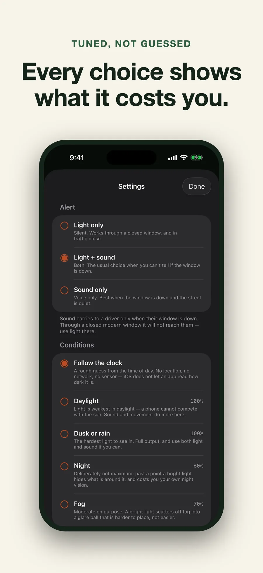 Settings showing the three alert modes with what each is for, and the conditions list where daylight and dusk run at 100 percent, night at 60 and fog at 70