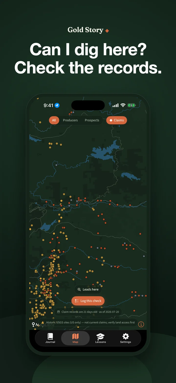 Gold Story offline map showing dated BLM claim records with a prominent verify-current-status warning