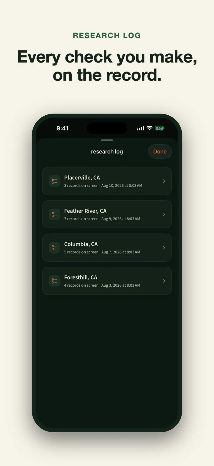 Gold Story research log listing timestamped claim-record checks for four California locations