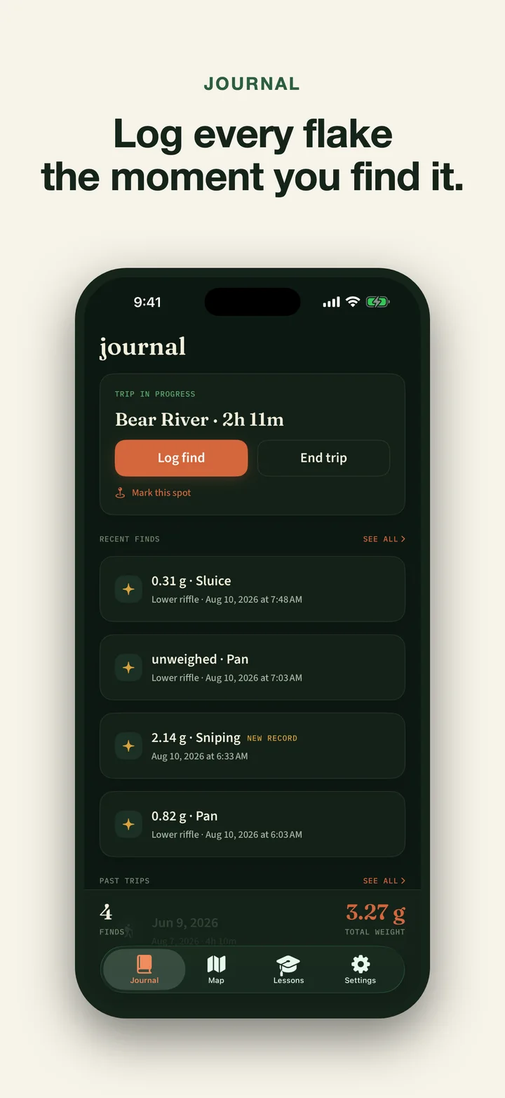 Gold Story field journal with an active trip, recent finds, trip count, and total recorded gold weight