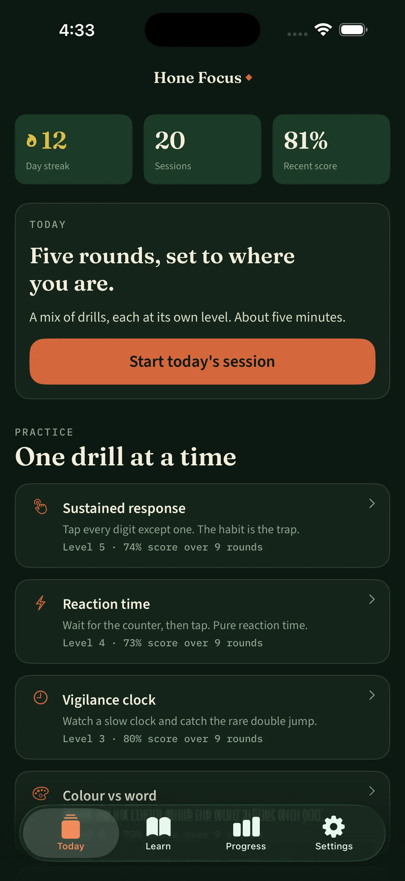 The Hone Focus home screen with the daily five-minute session button and the practice list of attention drills, each at its own level