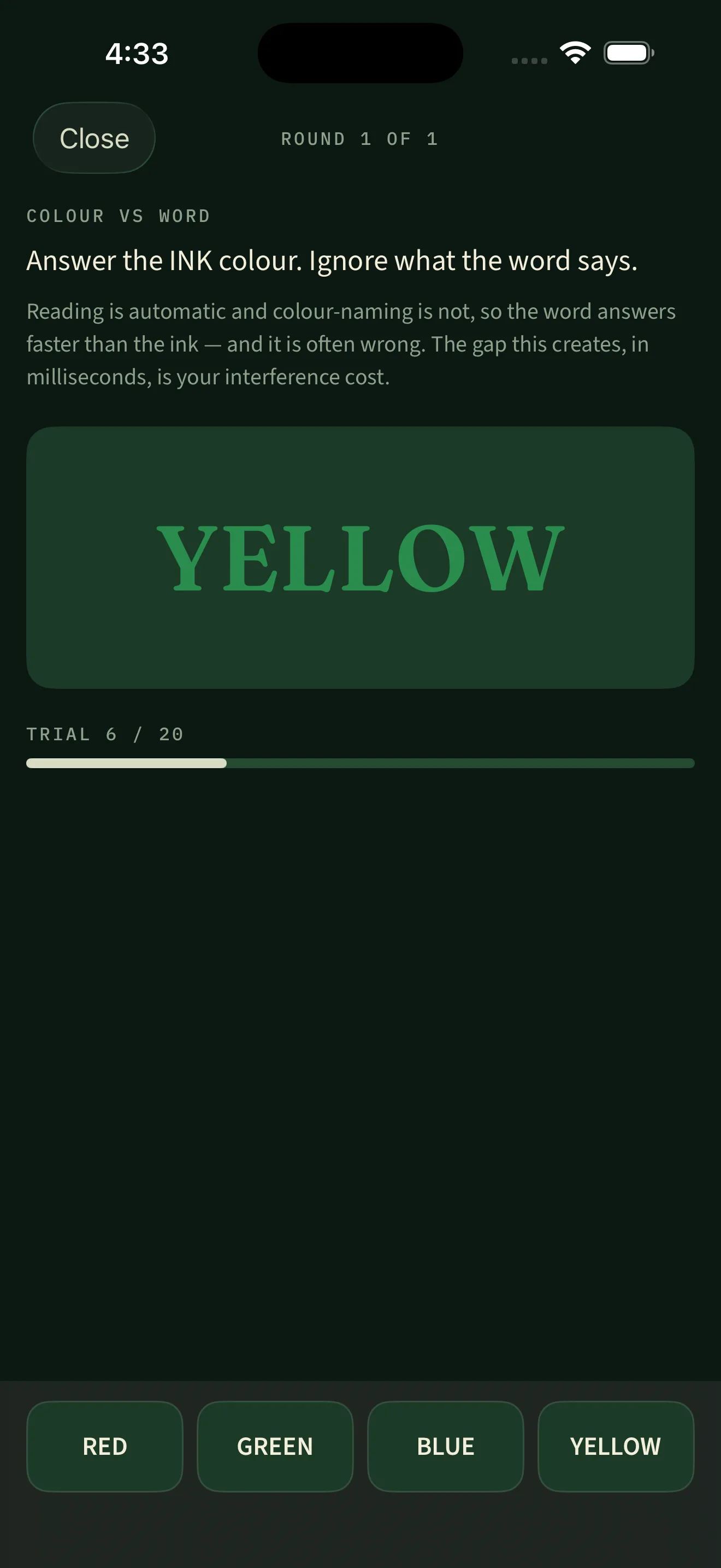 A Stroop round: the word YELLOW printed in green ink above four answer buttons, with the instruction to answer the ink colour and a note that the gap in milliseconds is your interference cost