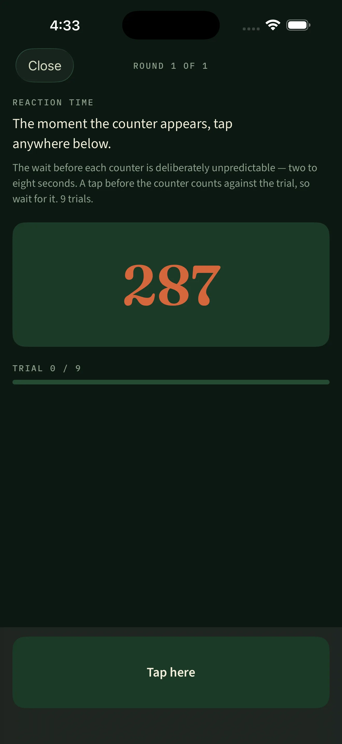 A reaction-time round mid-trial, the counter showing 287 milliseconds in large type above a Tap here target, with a note that the wait before each counter is deliberately unpredictable