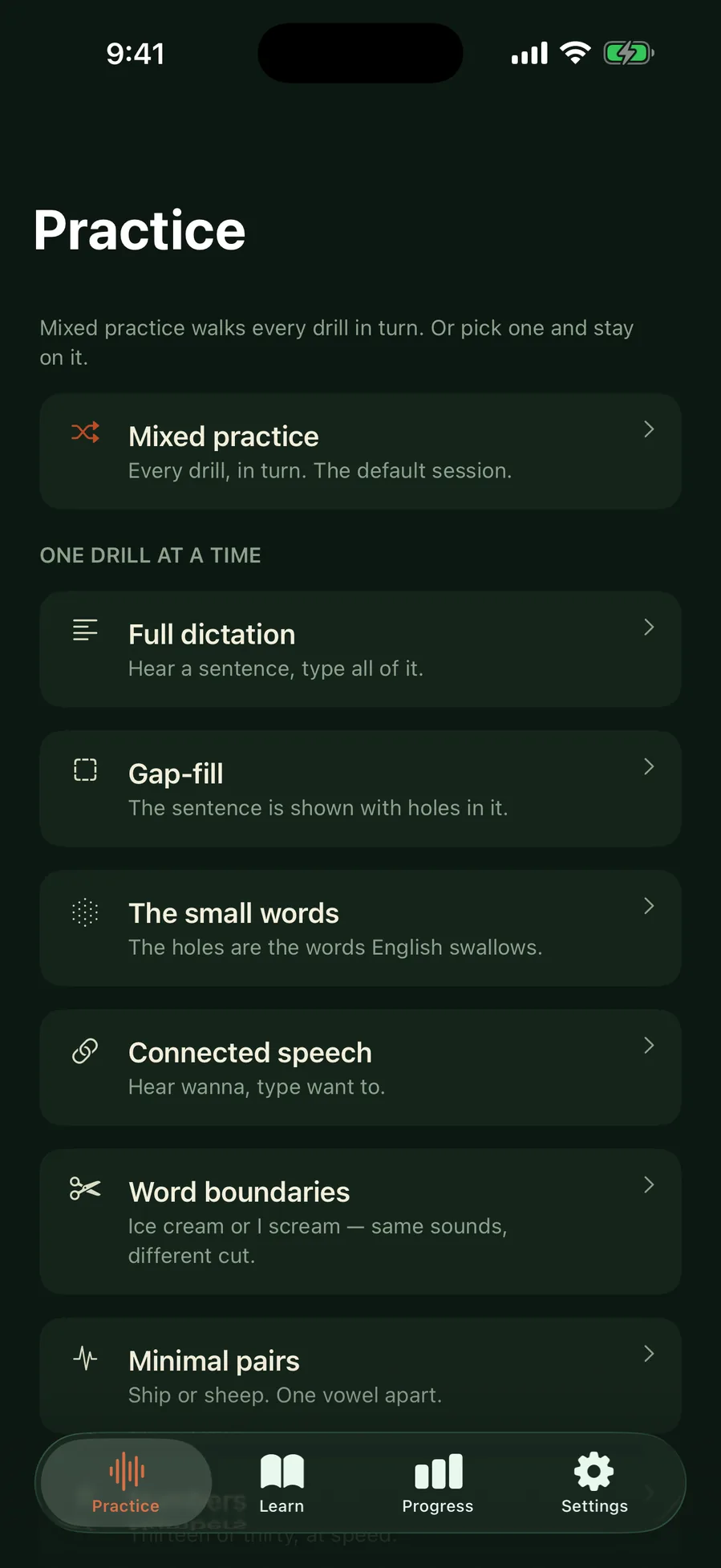 The Hone Listening practice list showing mixed practice and eight separate drills: full dictation, gap-fill, the small words, connected speech, word boundaries, minimal pairs, numbers and spelled names