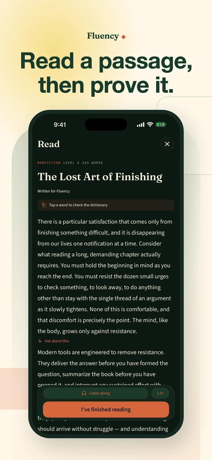A leveled English passage in Fluency with reading time and progress