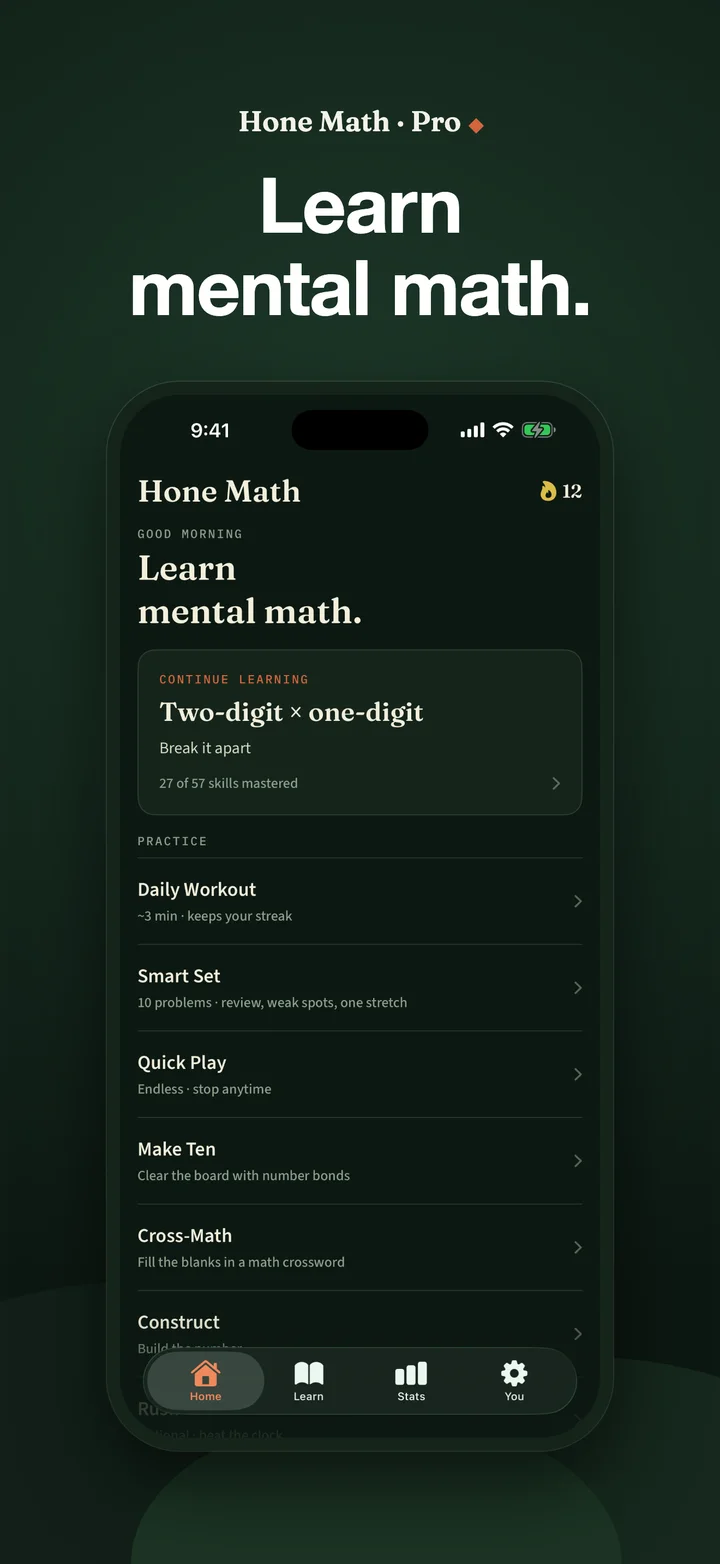 Hone Math home with Daily Workout, Smart Set, Quick Play, and number puzzles