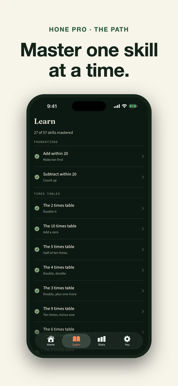Hone Math learning path showing progress through 66 mental-math skills