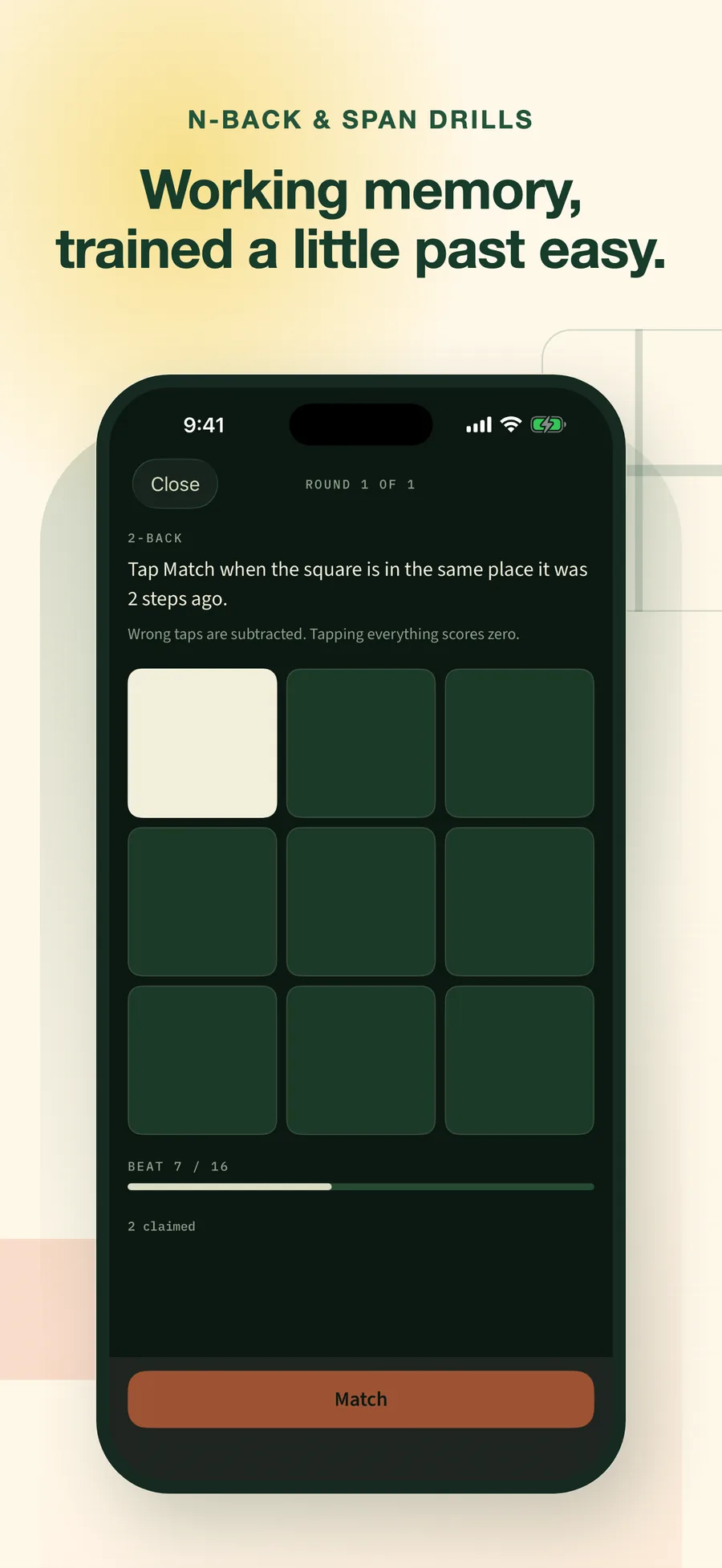 A 2-back round on a three-by-three grid, beat 7 of 16, with the rule shown that wrong taps are subtracted
