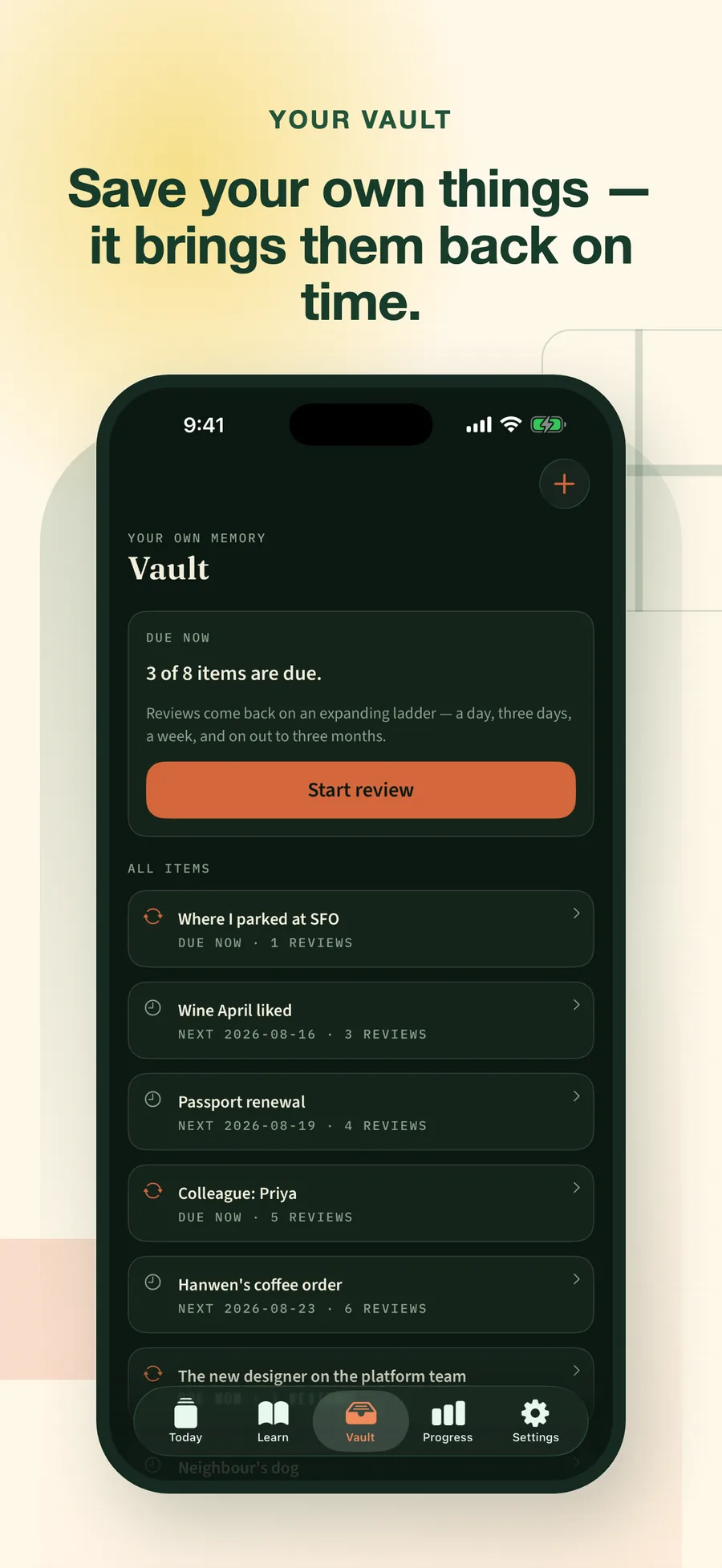 The Hone Memory vault with 3 of 8 items due for review, each item listed with its next review date and how many reviews it has had