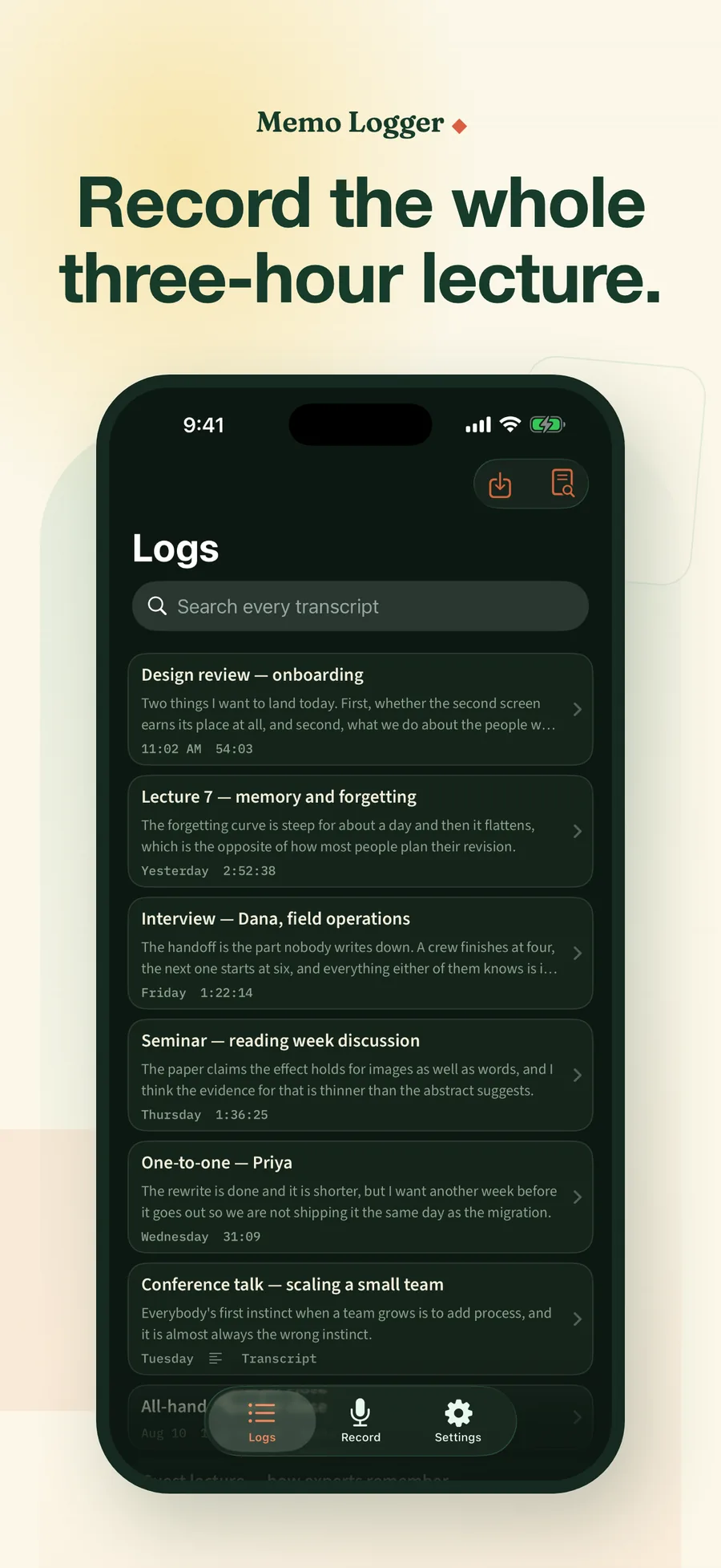 The Memo Logger library, eight logs from a month of lectures, meetings and interviews, one of them two hours fifty-two minutes long