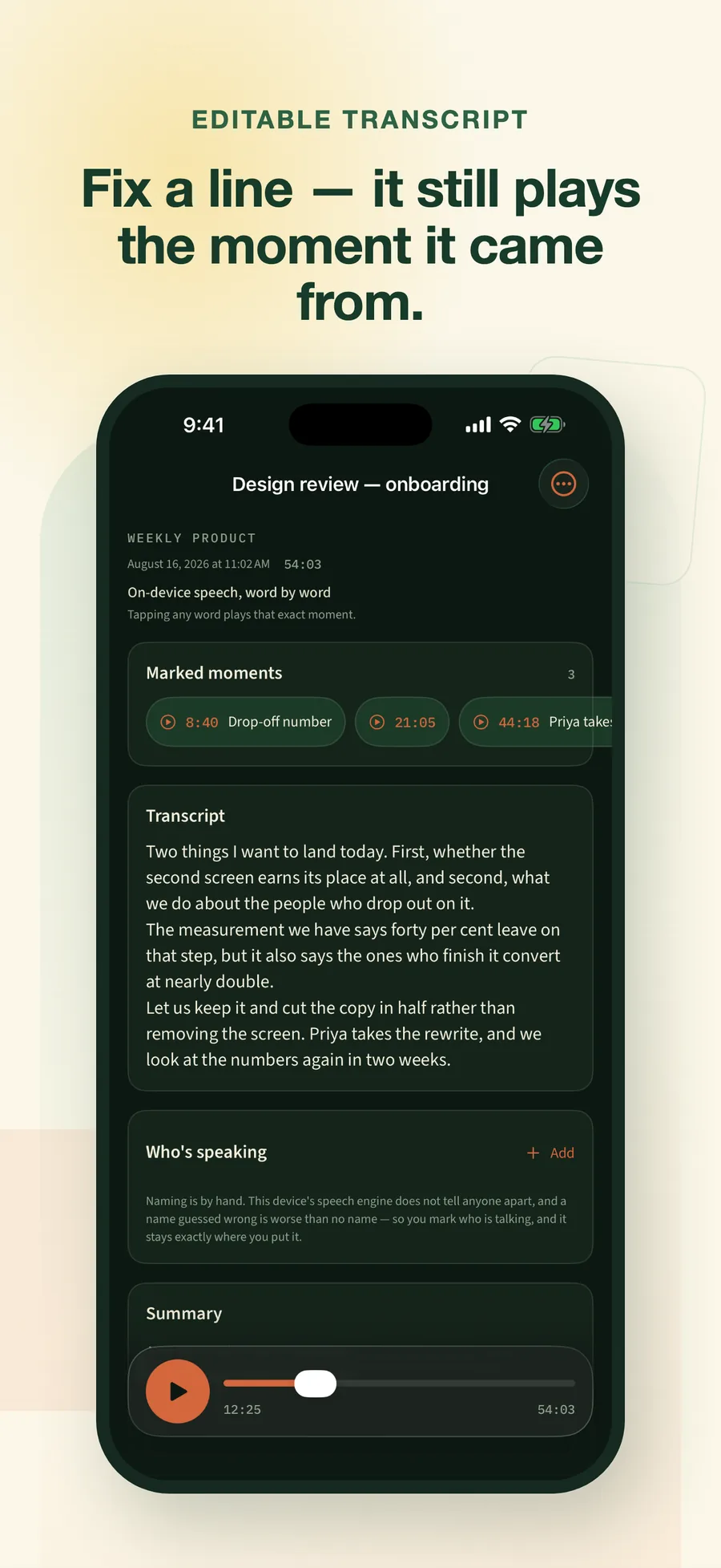 A design-review transcript with speaker names and a summary card, on-device speech shown word by word