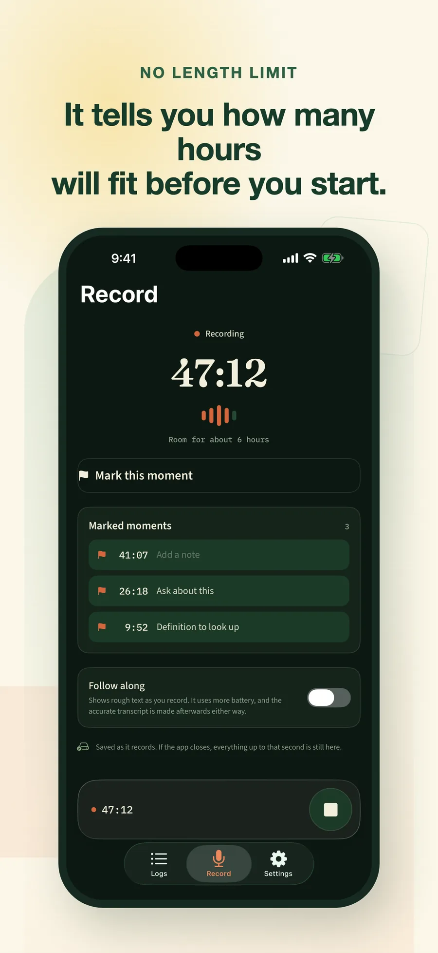 The record screen at 47:12 with room for about six more hours of audio on the device