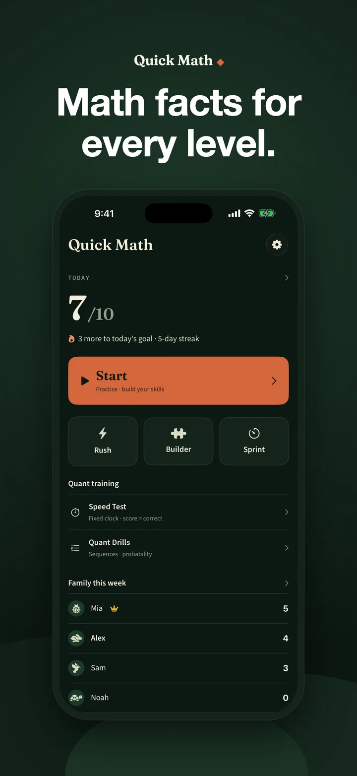 Quick Math home showing the daily goal, Practice, Rush, Builder, Sprint, quant training, and family standings