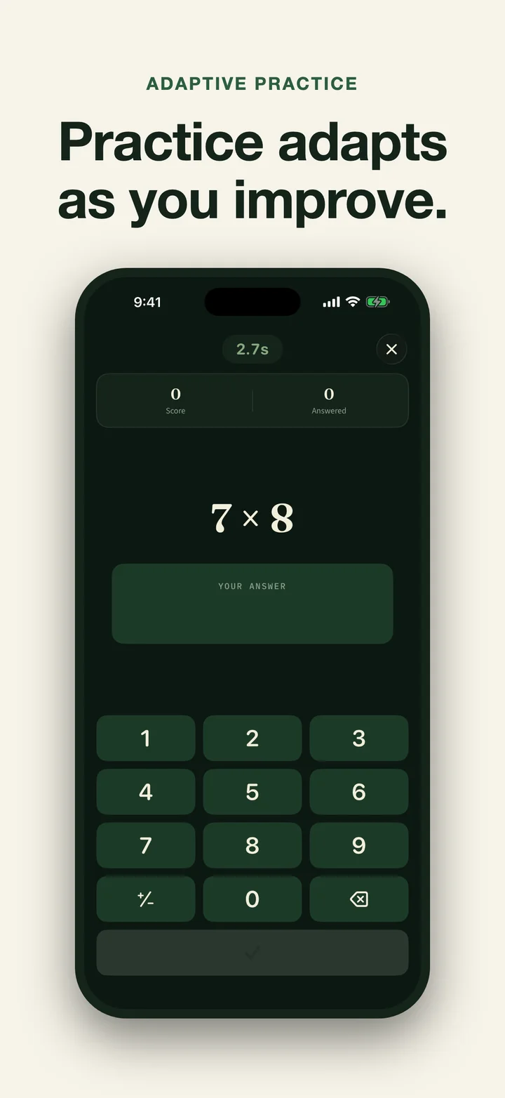 Adaptive multiplication practice in Quick Math with a 7 × 8 problem and number pad