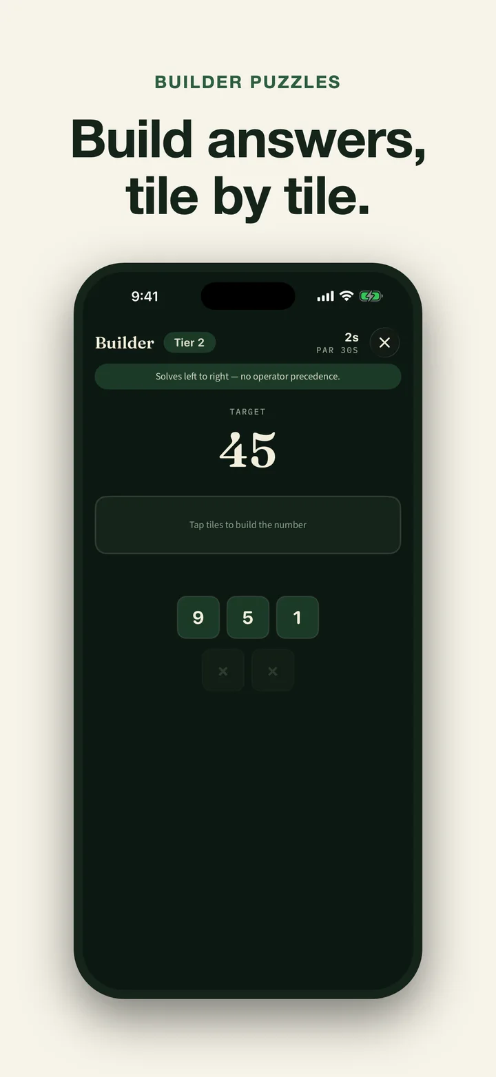 Quick Math Builder puzzle arranging number and operation tiles to reach 45