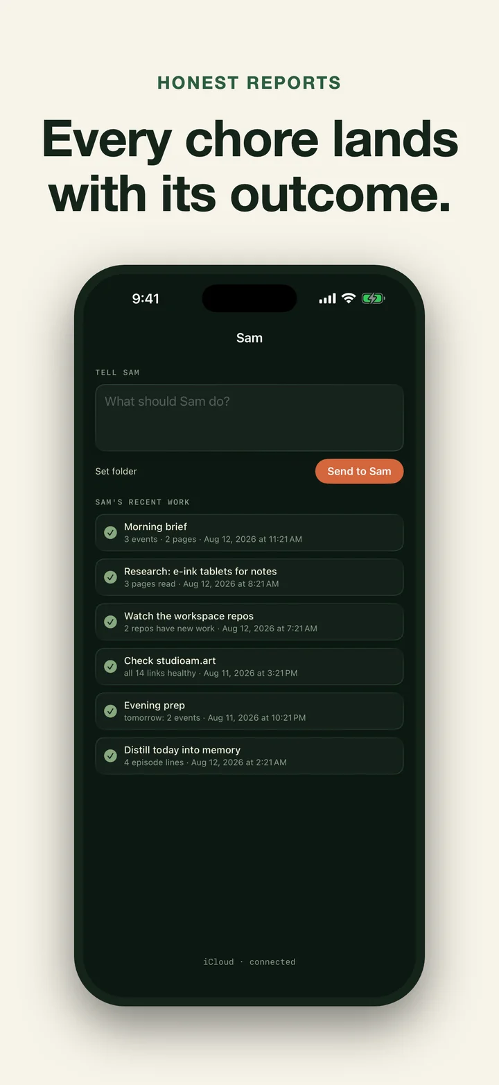 Run history on iPhone showing chore summaries reported by the Mac