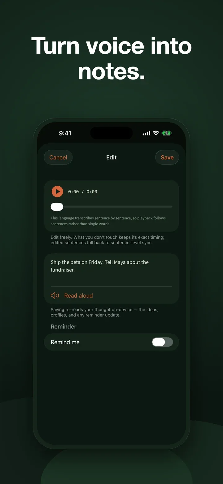 Second Brain voice memo editor with local playback and an editable on-device transcript