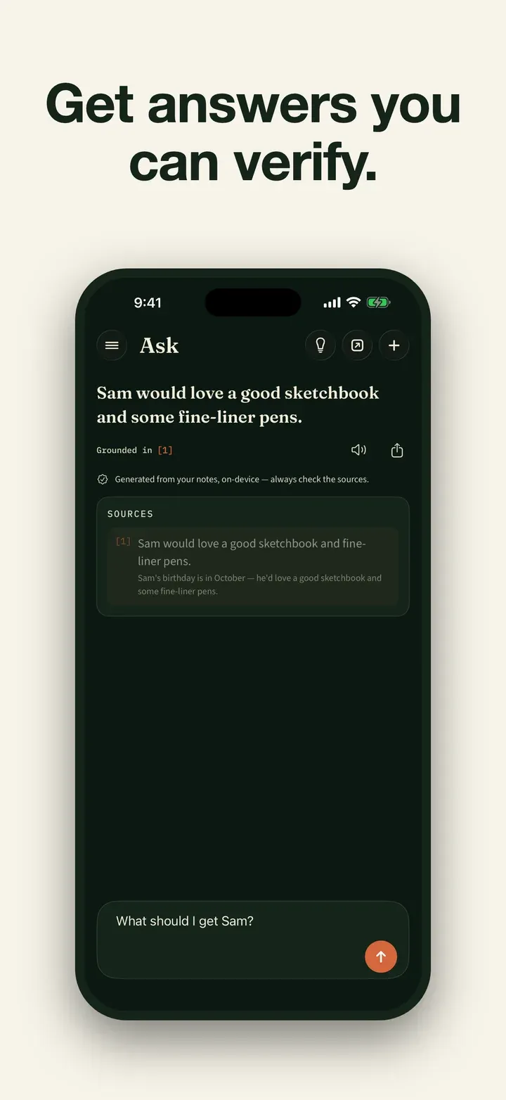 Second Brain answering a question from saved notes with a cited source
