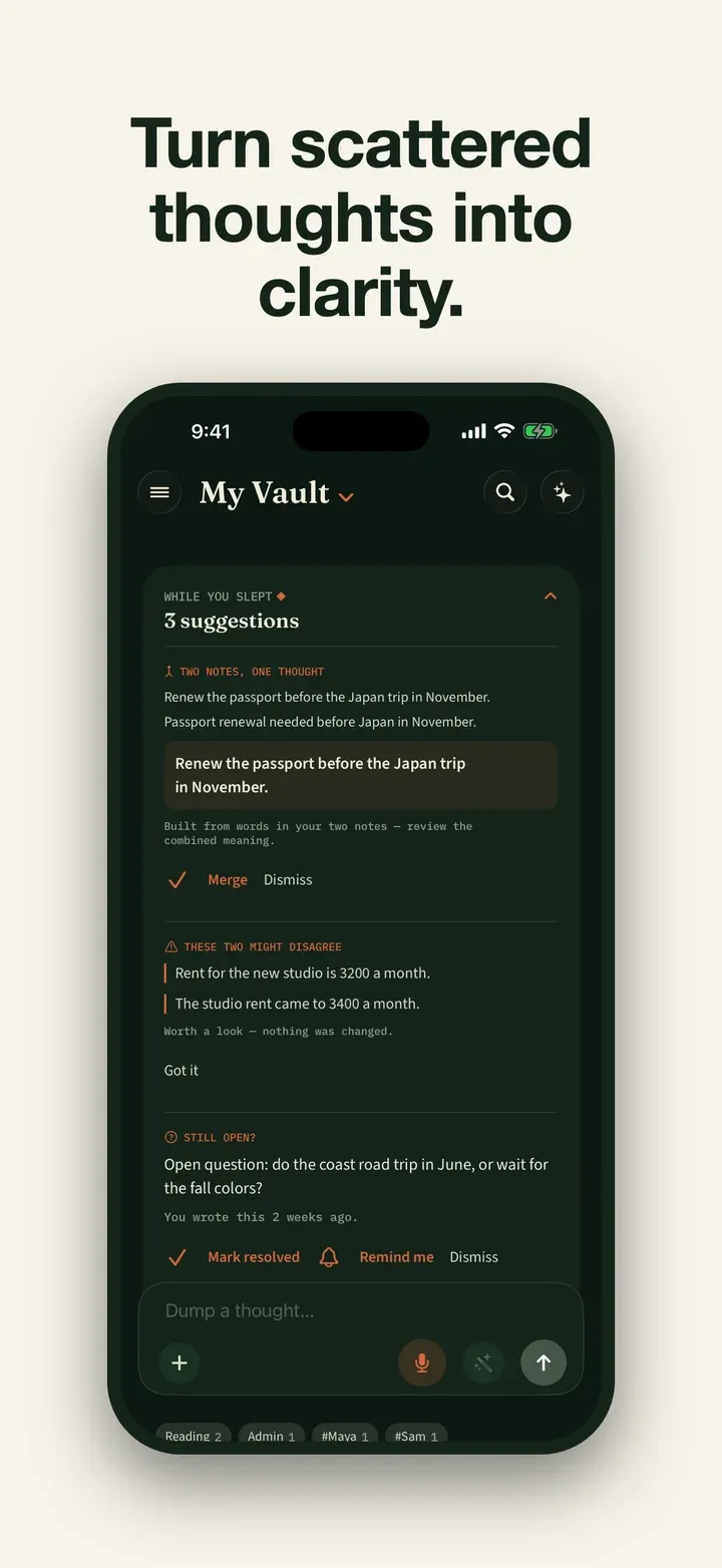 Second Brain home showing private notes organized into searchable context