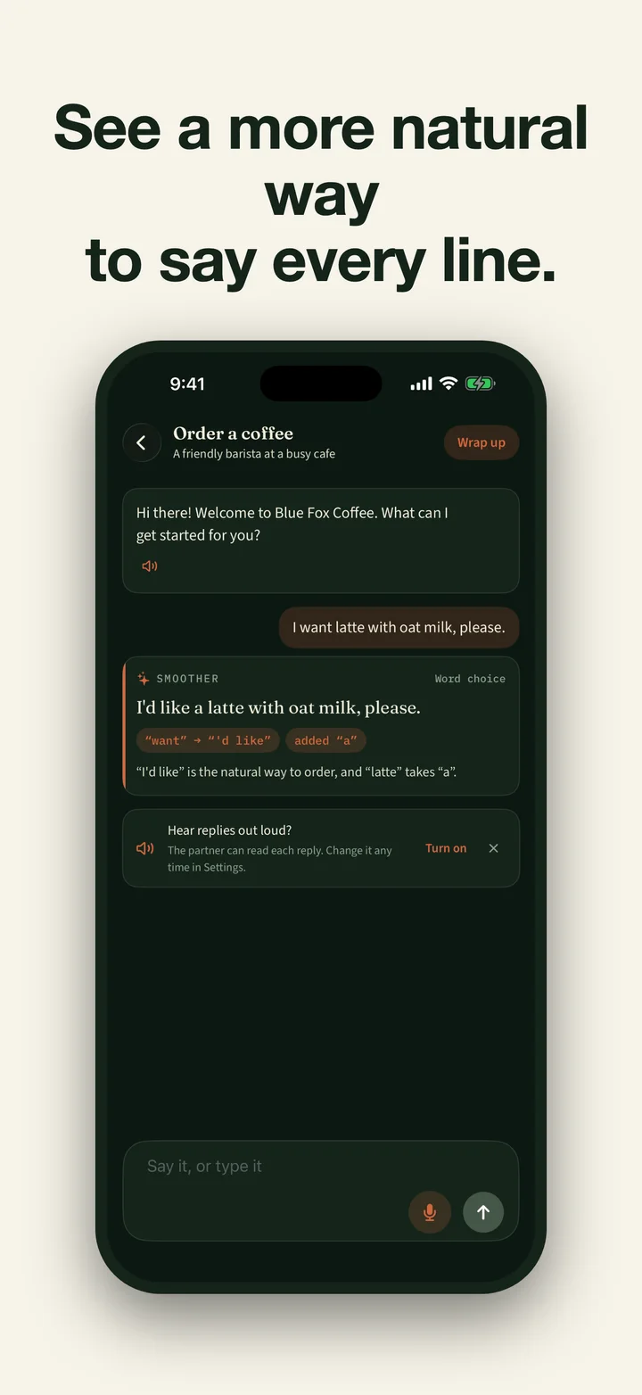 Chatter natural English phrasing and grammar feedback